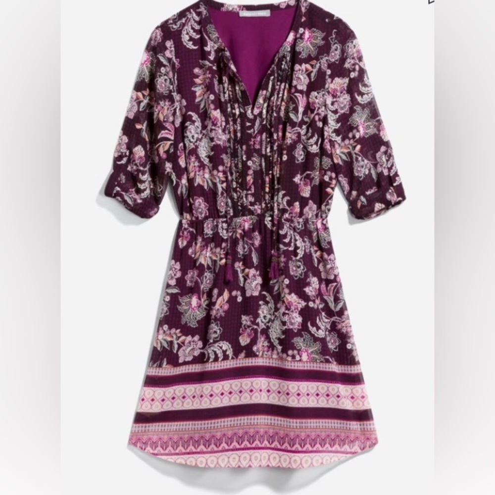 Daniel Rainn Floral Boho Dress M Purple LS Lined Roll Up Tab Feminine